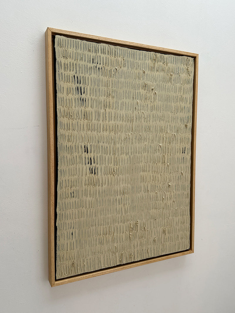 Textured buff titanium abstract painting detail in wooden frame
