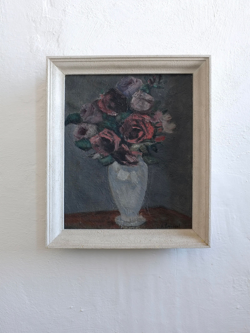 Vintage roses still life oil painting in white vase, 1910s