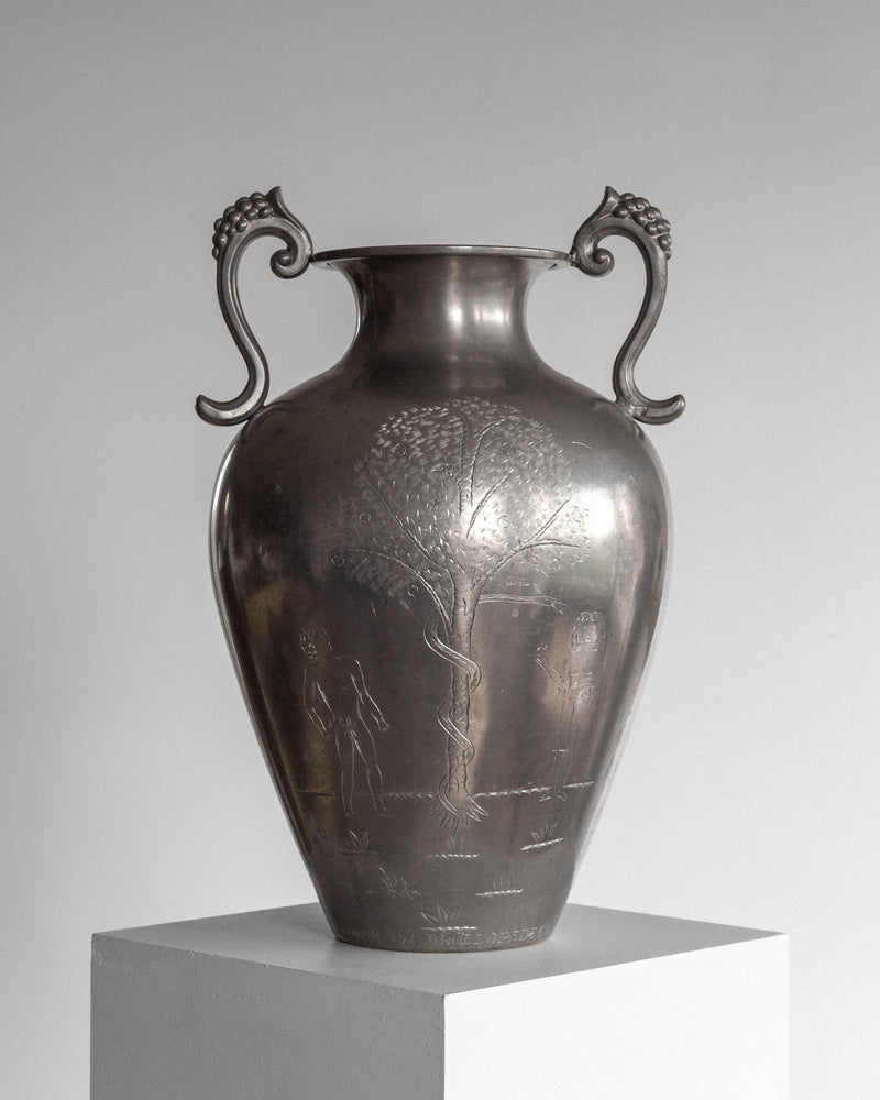 Swedish Art Deco pewter amphora with engraved Adam & Eve scene, 1930s