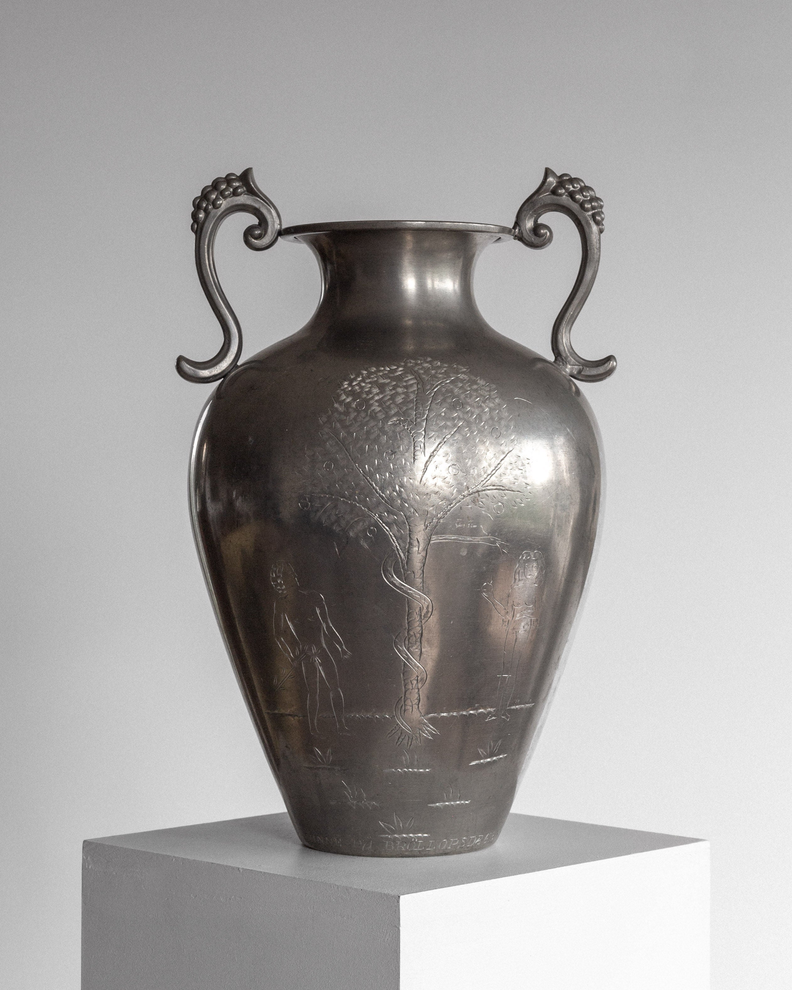 Large Swedish Art Deco Adam & Eve Pewter Amphora, 1930s