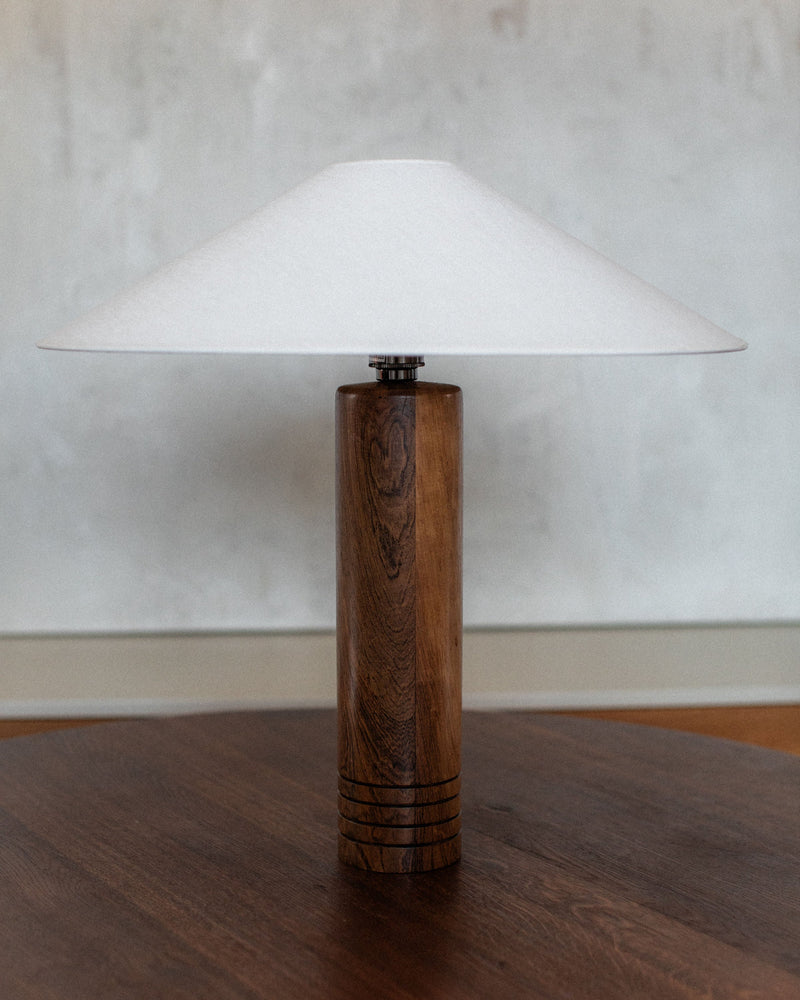 1960s walnut cylindrical table lamp with white fabric shade