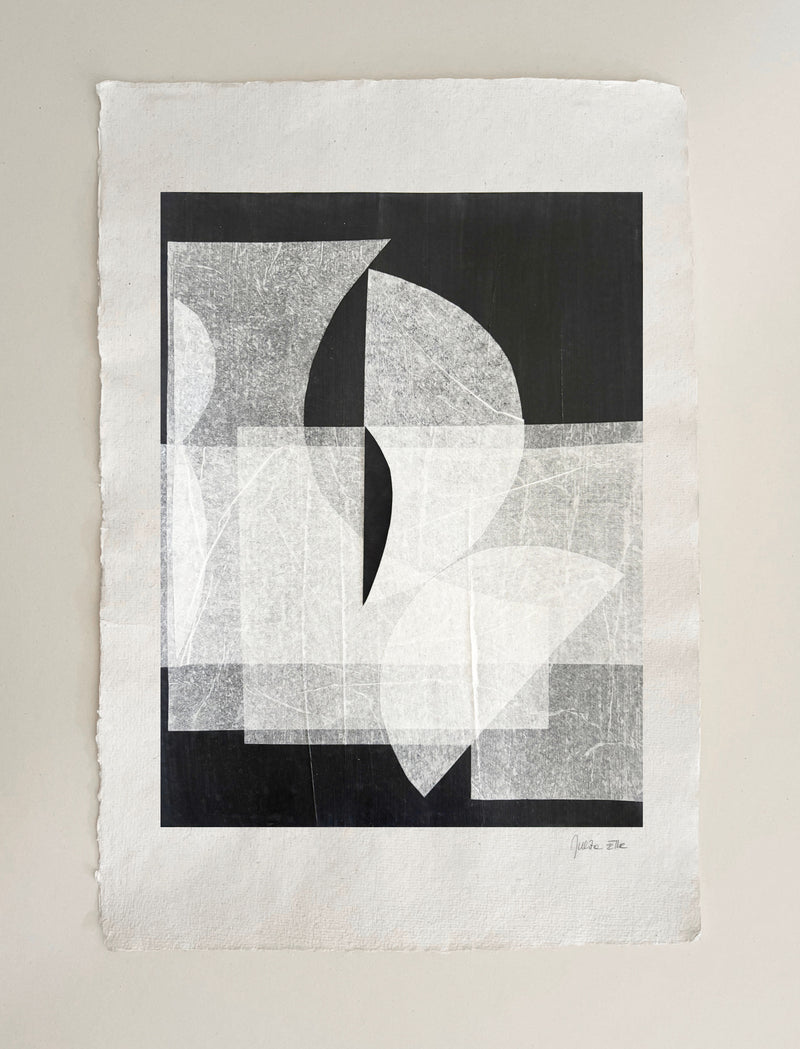 Abstract geometric mixed media artwork with black and gray circular forms