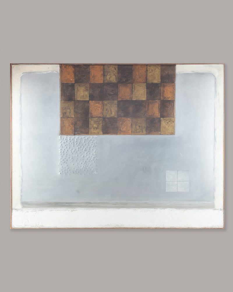 Mixed media artwork with checkered pattern and white geometric forms by Robin Welch