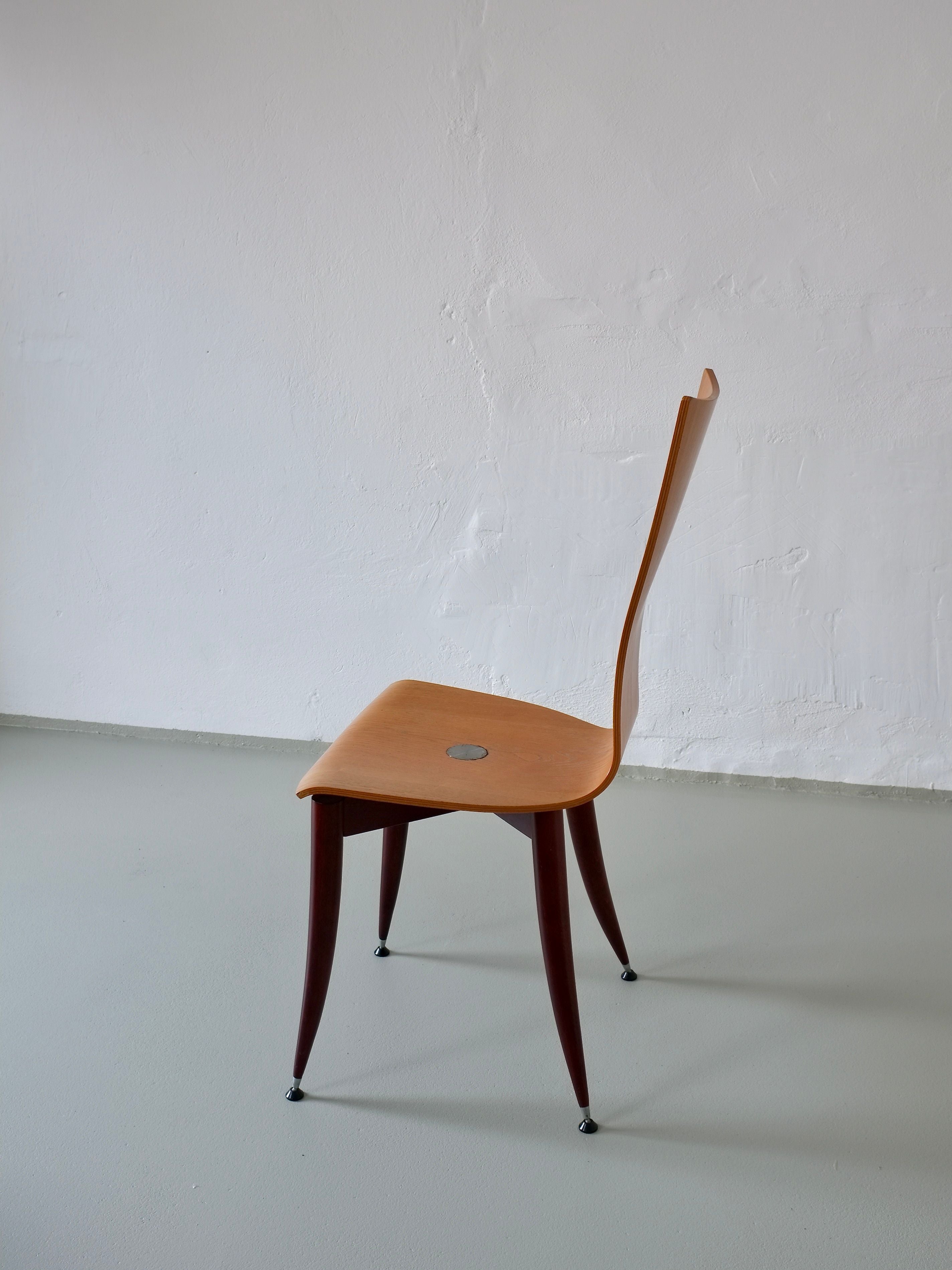 Set of 3 Plywood Burgundy Legs Chairs, Italy 1980s