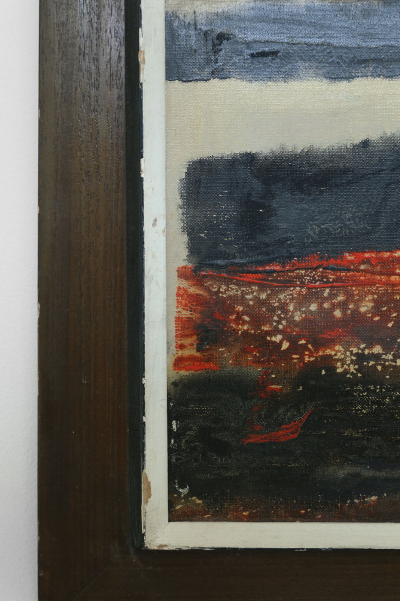 Abstract landscape painting detail showing red and blue brushstrokes