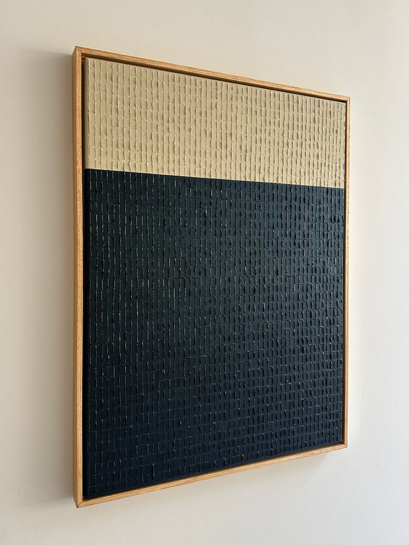 Contemporary textured painting with buff and navy blue color blocks by Roi Elmaliah