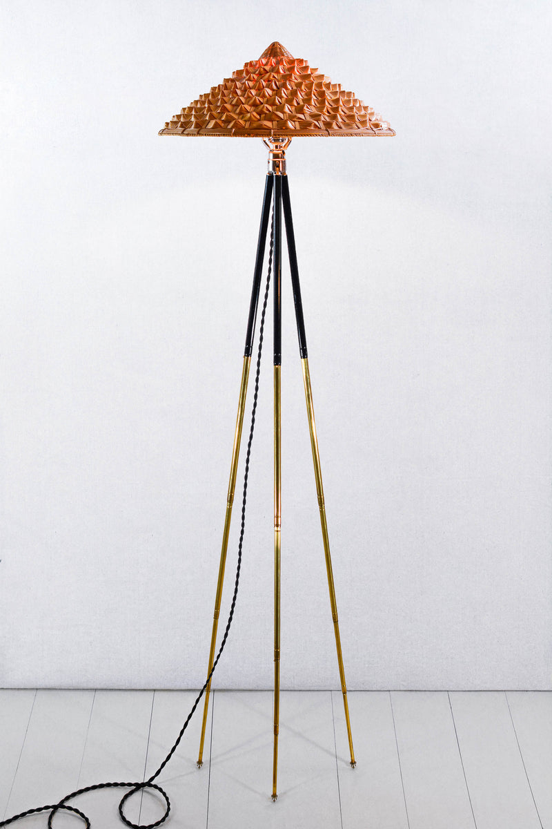 Horst copper triangular shade tripod floor lamp with brass legs