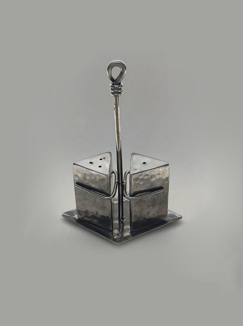 Hammered steel salt and pepper shakers with carrying caddy