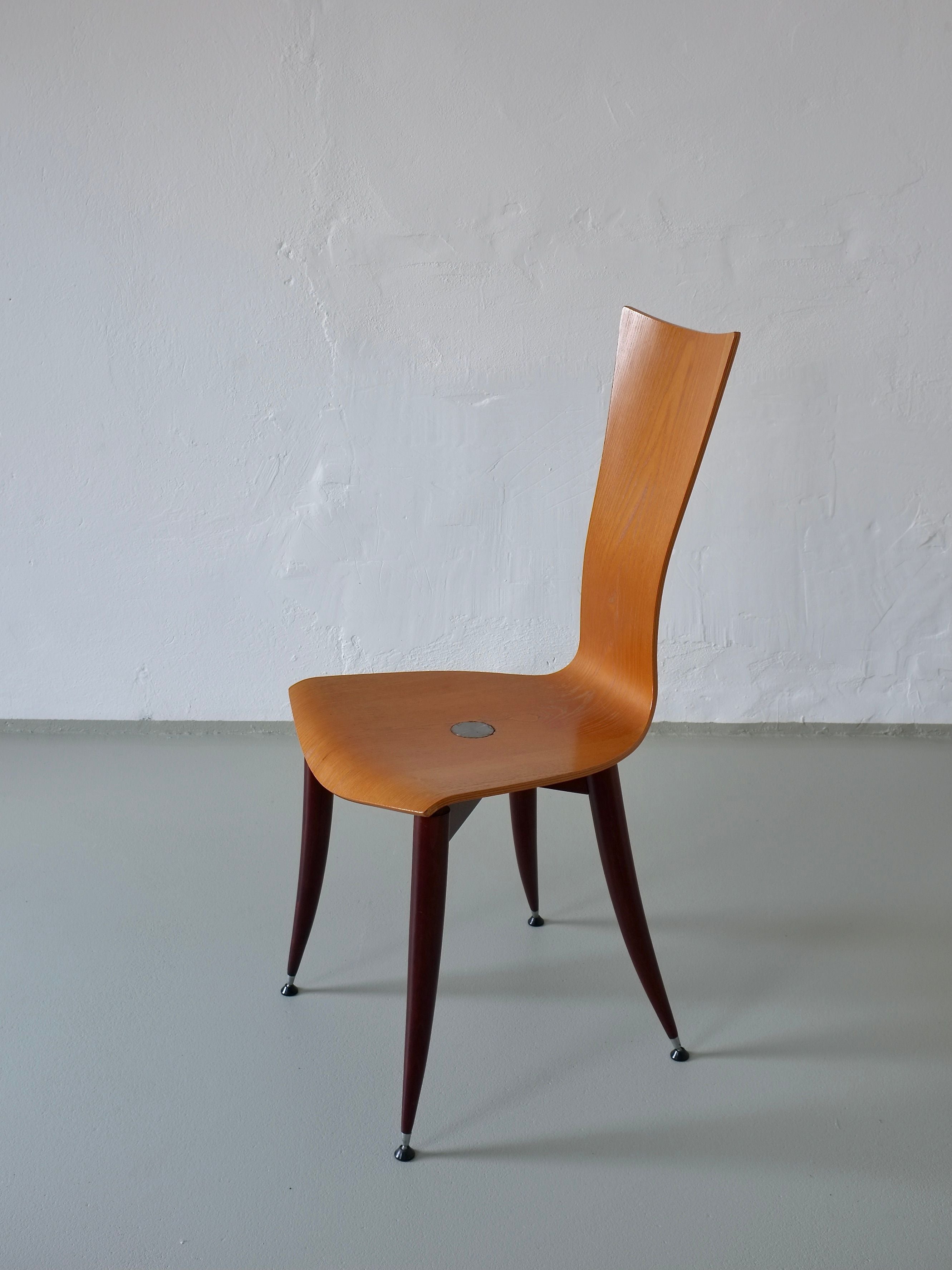 Set of 3 Plywood Burgundy Legs Chairs, Italy 1980s