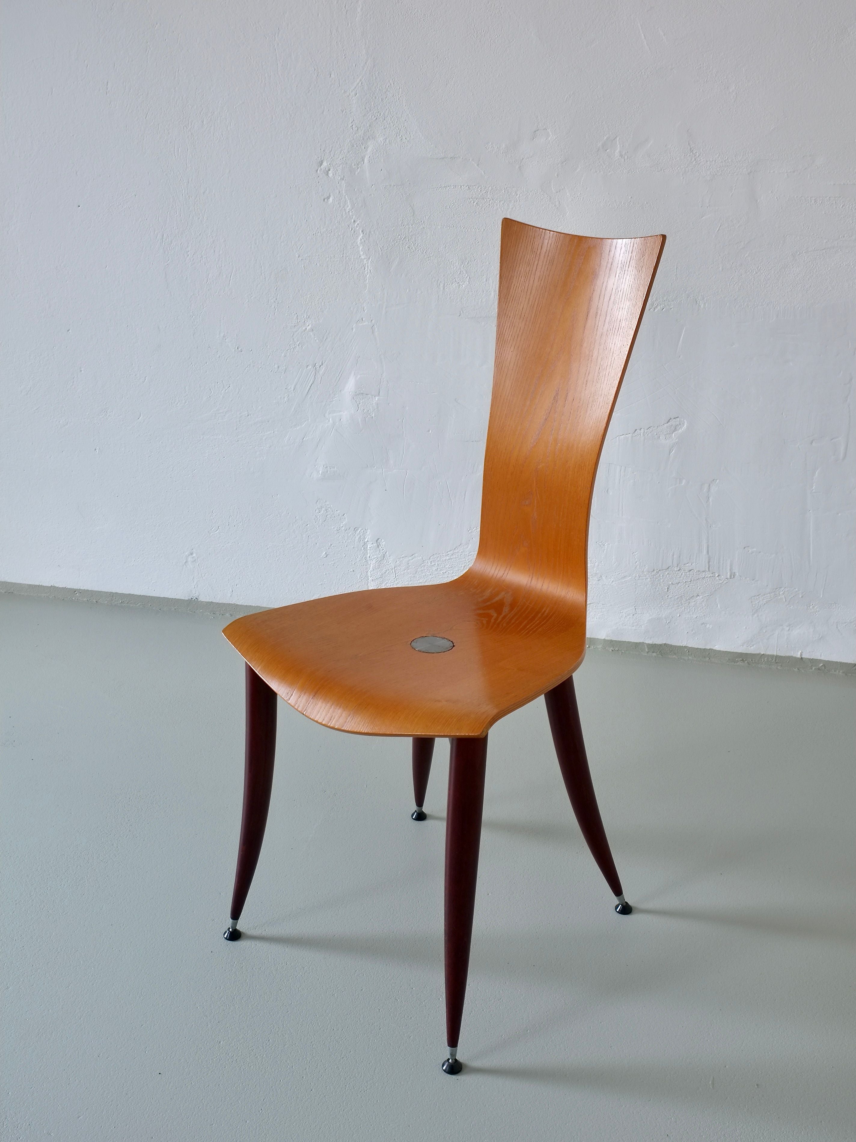 Set of 3 Plywood Burgundy Legs Chairs, Italy 1980s