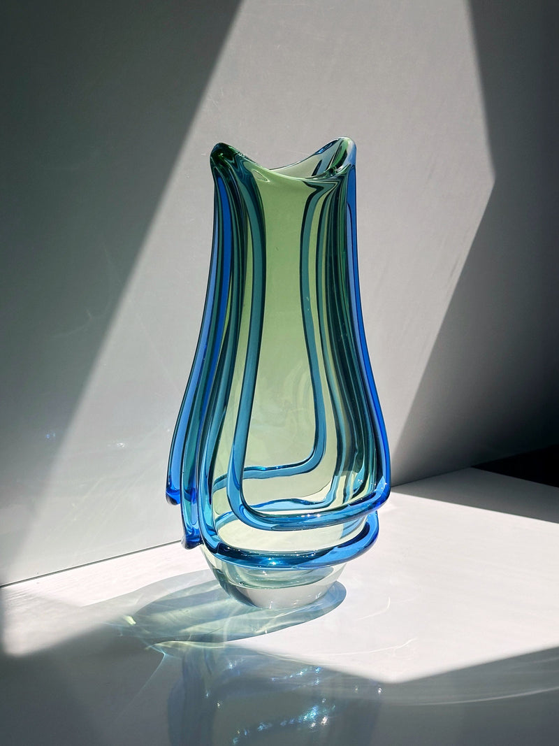 Bohemian blue green glass vase by František Zemek 1950s