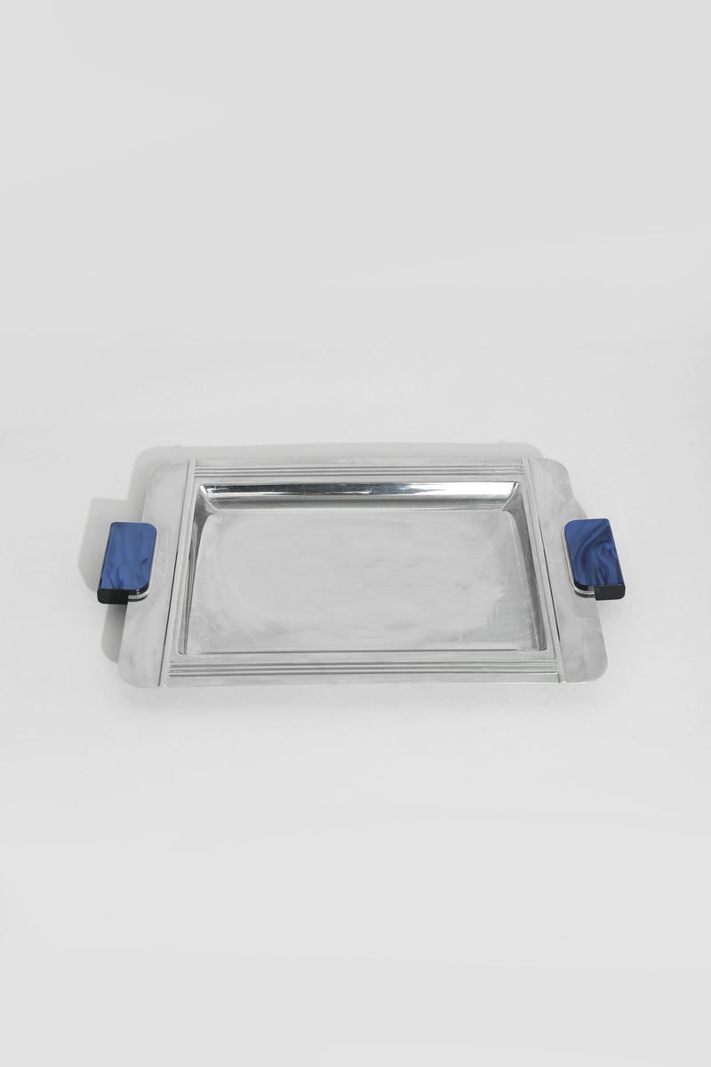 Art Deco aluminum serving tray with blue marbled handles