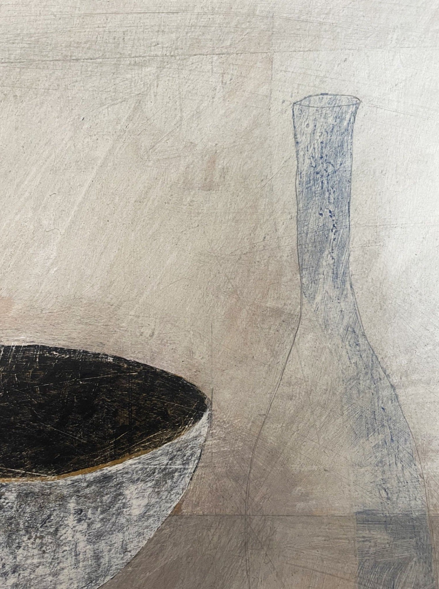 A minimalist art piece, this Lara Voce 'Ansoku' Painting on cradled wooden panel features a textured canvas with an abstract bowl on the left and a faint outline of a tall, narrow vase on the right. The background is a muted, earthy tone, and the objects are depicted in a subtle, monochromatic color scheme.