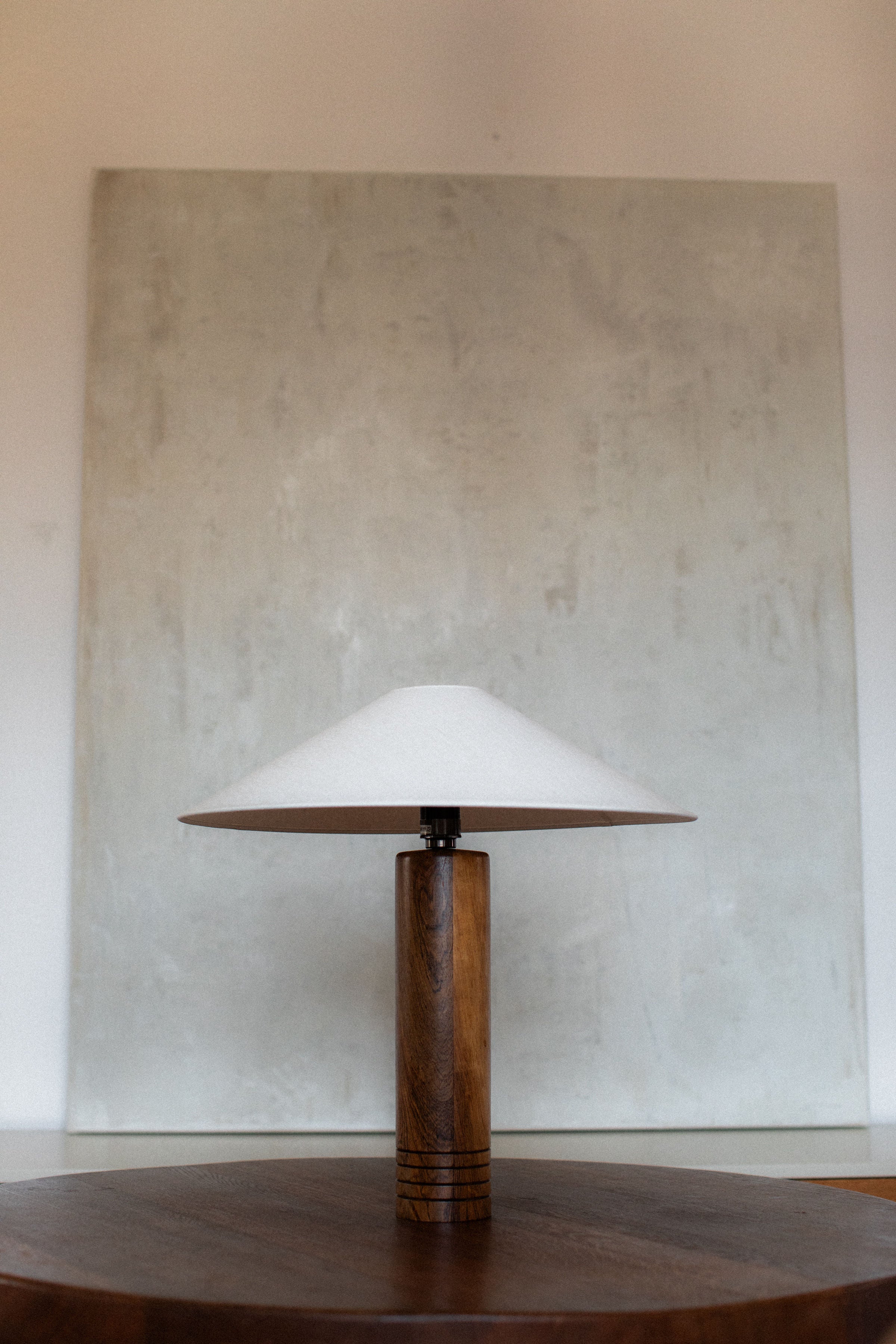 Mid-century wooden table lamp with white conical shade detail