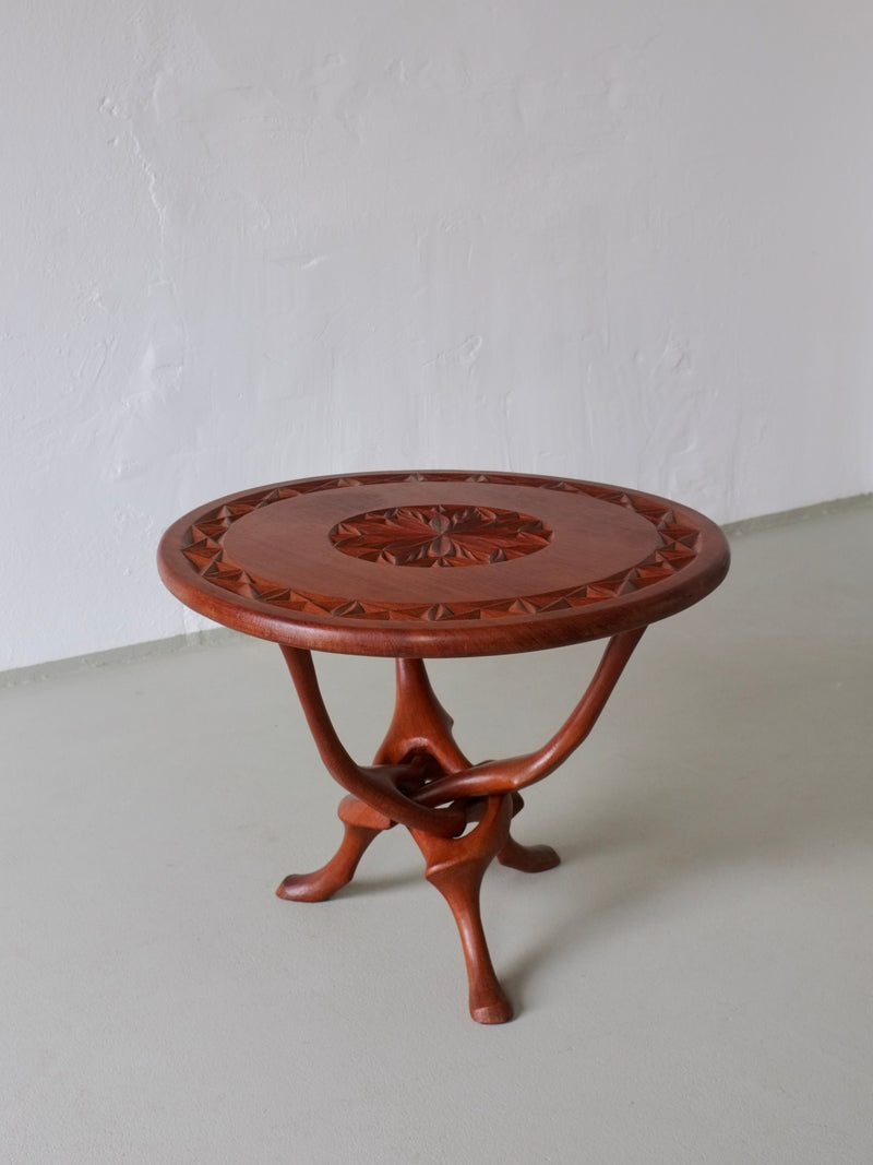 Carved teak side table with sculptural tripod base, 1960s vintage