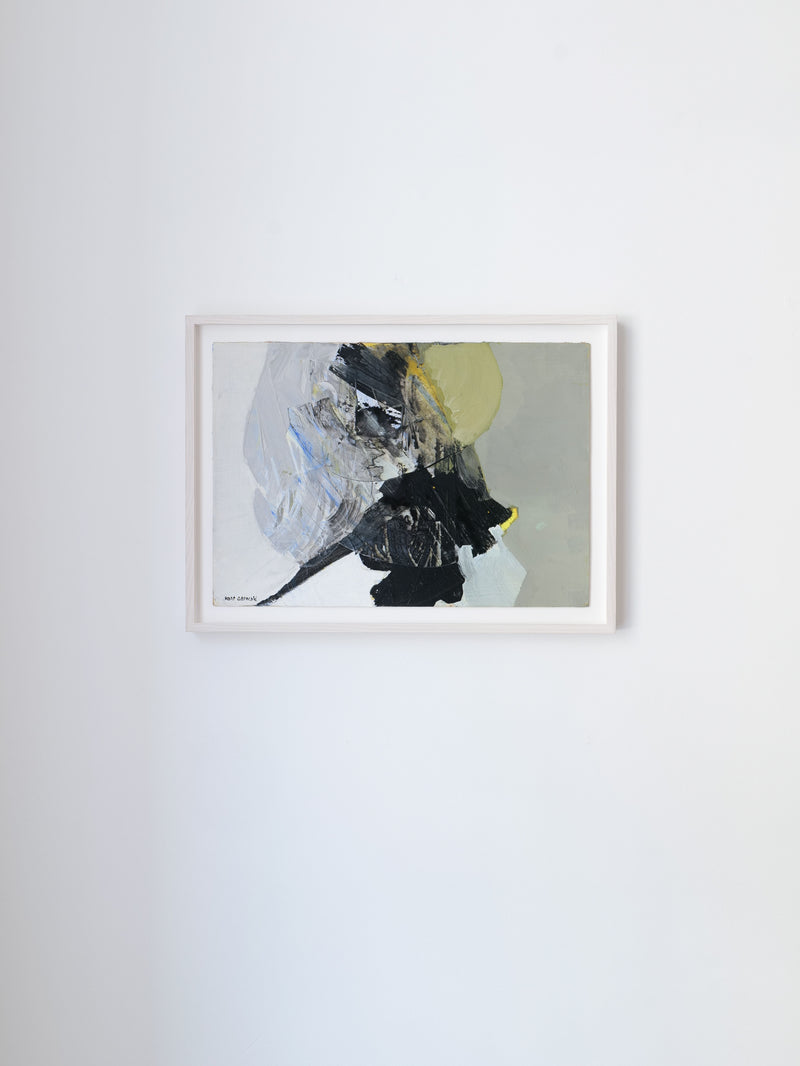 The "Abstract Composition" Painting by Collection apart, with its broad brush strokes in gray, black, and hints of yellow reminiscent of Hans Osswald's style, adorns a plain white wall.