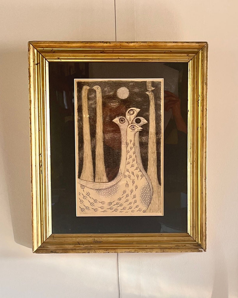 Max Svanberg lithograph with stylized birds in ornate gold frame