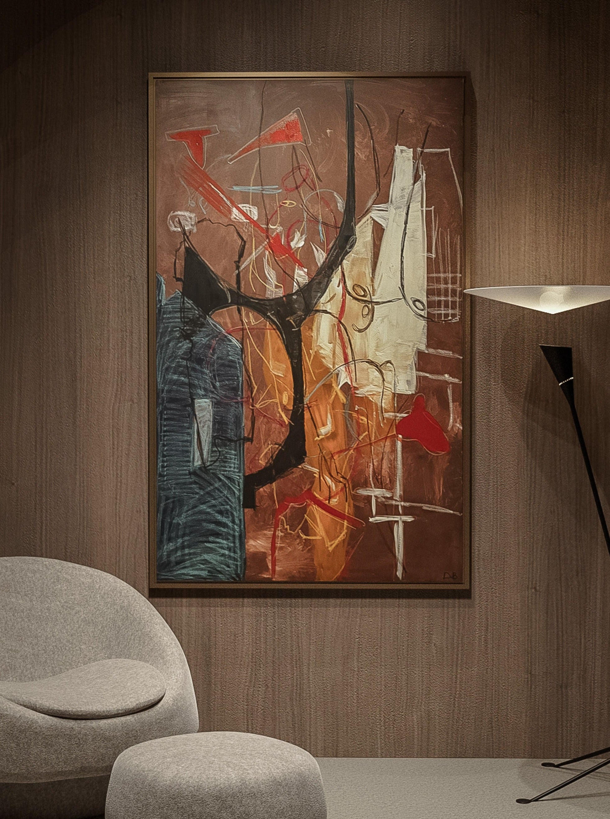 A modern, abstract painting in vibrant oil pastels and acrylics, Daring by Dovile Bernotaite, adorns a wooden wall. The scene also features a grey cushioned chair and ottoman in the foreground, beside a sleek floor lamp. The setting exudes contemporary, minimalist design.