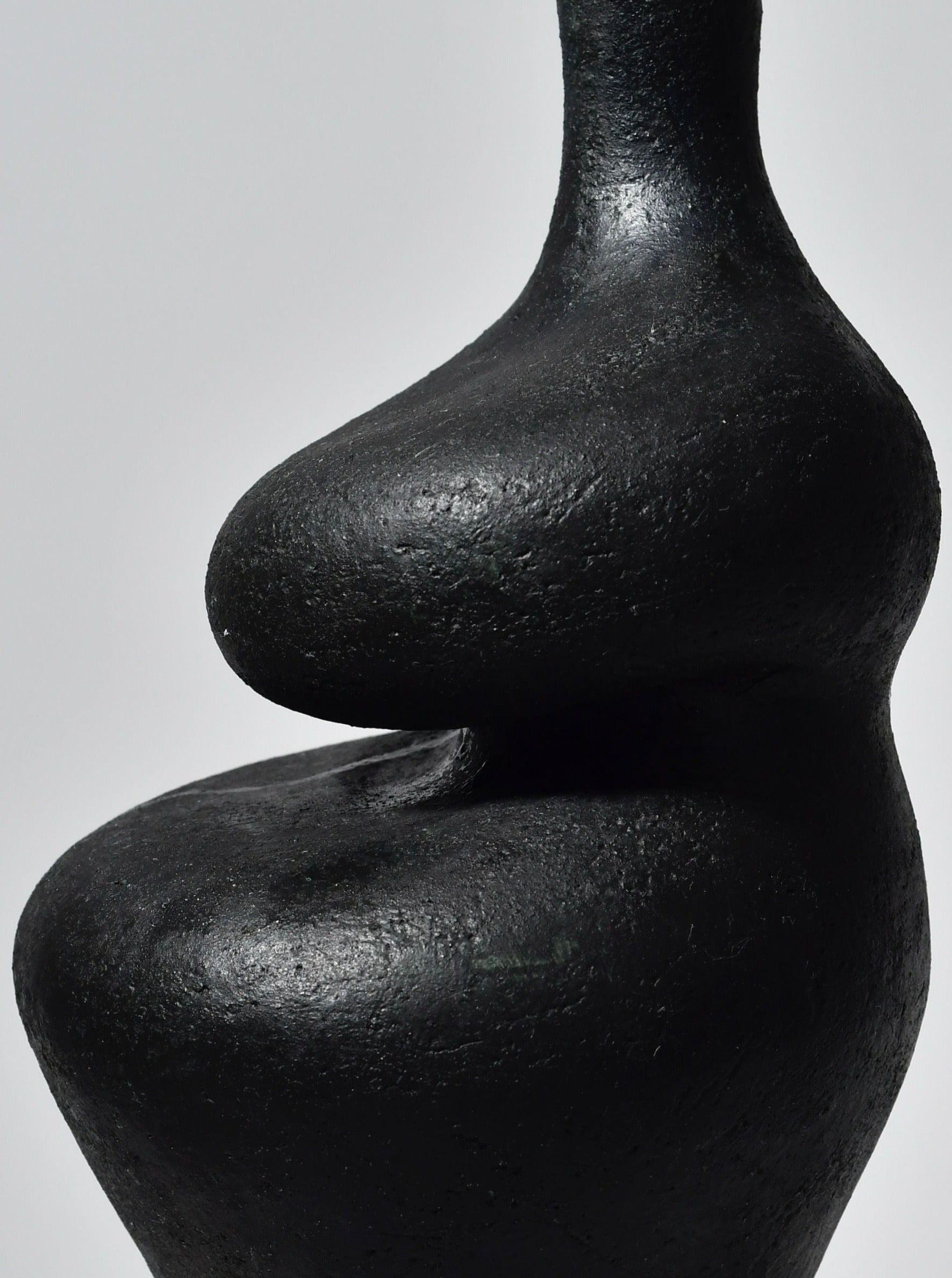 Close-up of a handcrafted stoneware sculpture, Lucia Mondadori's Black Lilith with Oxide Drip, with curved, smooth, black surfaces that suggest an abstract form, focusing on the interplay of light and shadow on its texture.