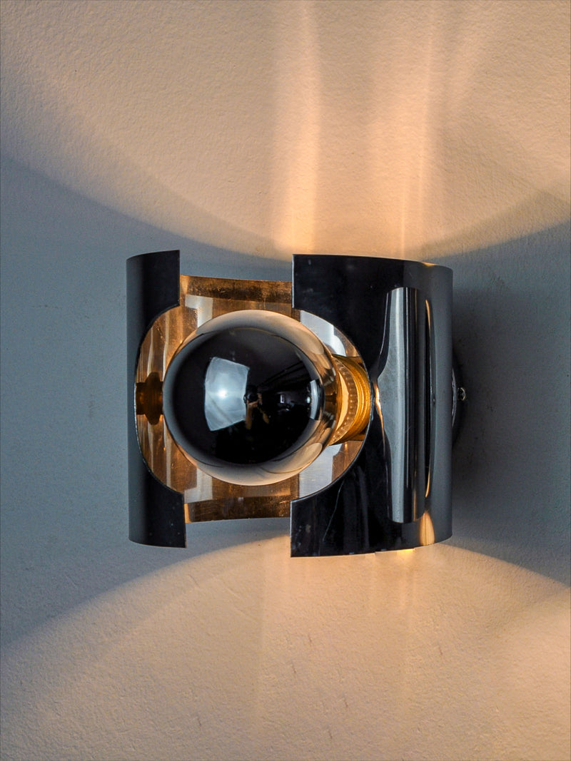 Chrome spherical wall light with black cubic base, 1970s Space Age design