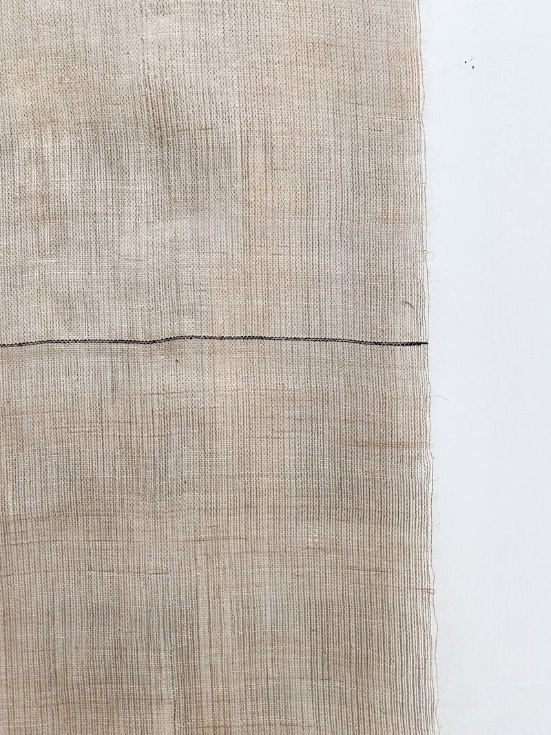Close-up of Sundance Studio's Distant Horizon fabric in light beige, featuring a horizontal black thread reminiscent of wide open spaces. The slightly rough texture with vertical weaves evokes the natural beauty found near Yaegl Country, set against a white background for simplicity.