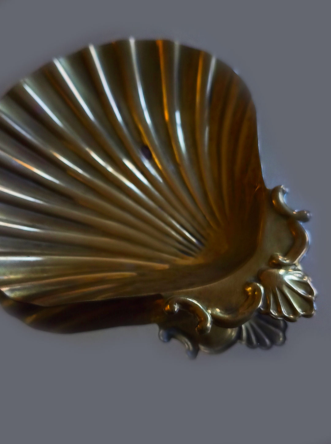 A close-up shows the intricate detailing of Les Objoies' Shell Brass Vide Poche, shaped like a seashell. Its ridges and curves reflect light, creating a shiny surface against a muted gray background.