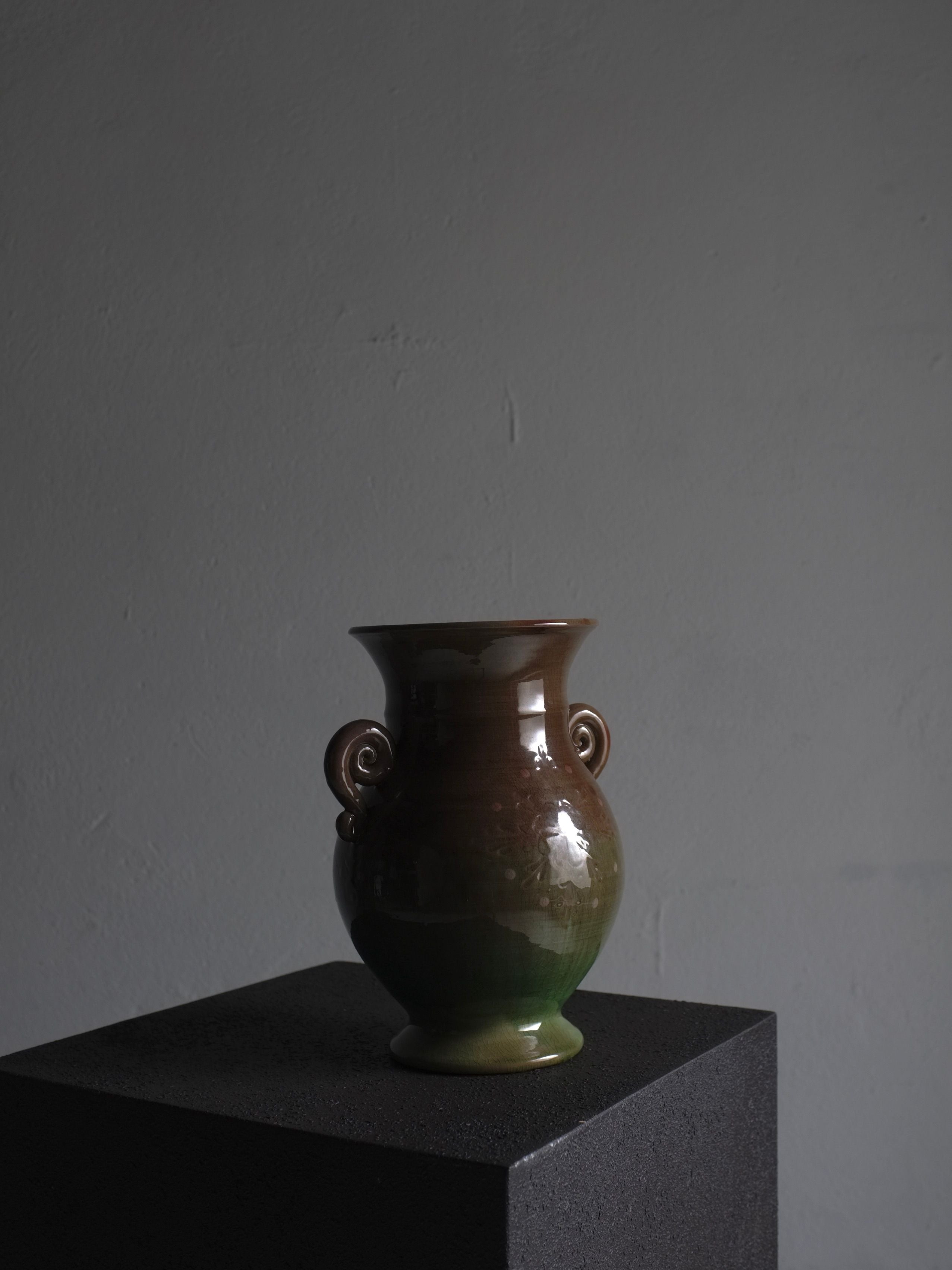Large Green Ceramic Vase, Latvia, 1960s — top view on black pedestal