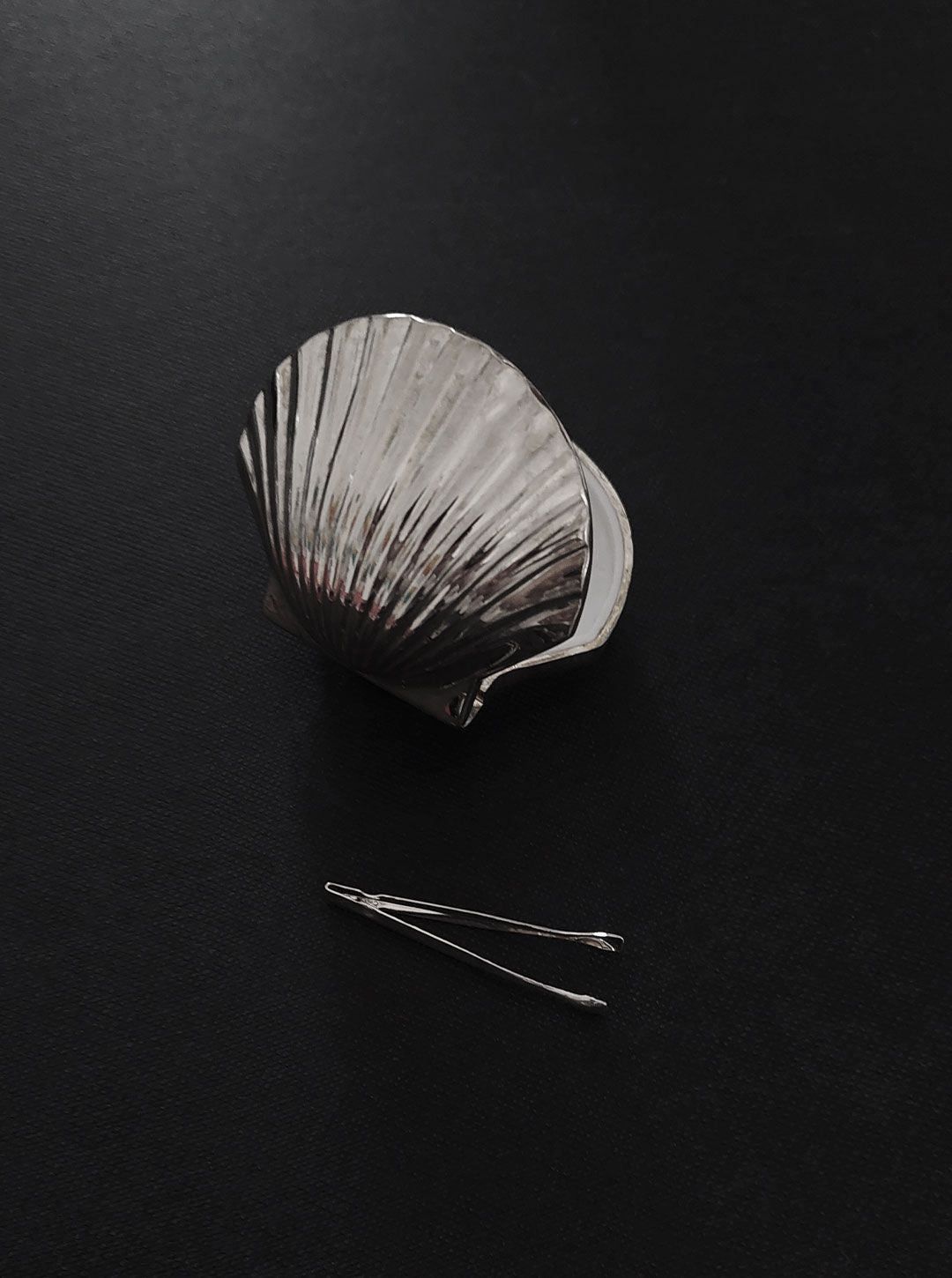 A metallic shell-shaped brooch and a silver safety pin lie on a dark textured surface, creating a minimalist and elegant visual contrast with the Les Objoies small shell box.