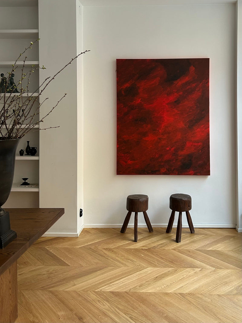 Mad Rush abstract red painting by Mattias Storm in modern interior