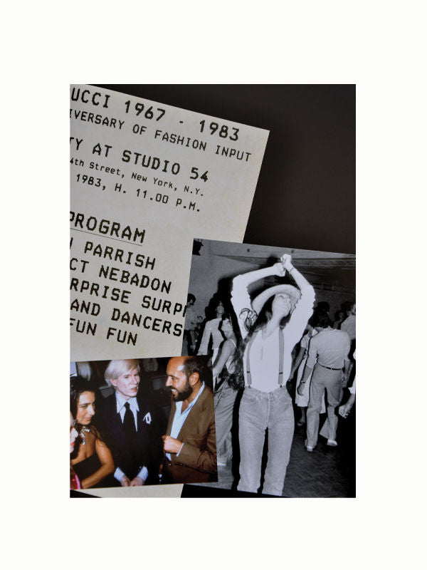 A collage including a Studio 54 invitation with details about an event honoring Halston, images of guests socializing, and a black-and-white photo of a woman dancing with her arms raised, wearing a Maison Plage Fiorucci hat and suspenders reminiscent of 1980s fashion, surrounded by other attendees.