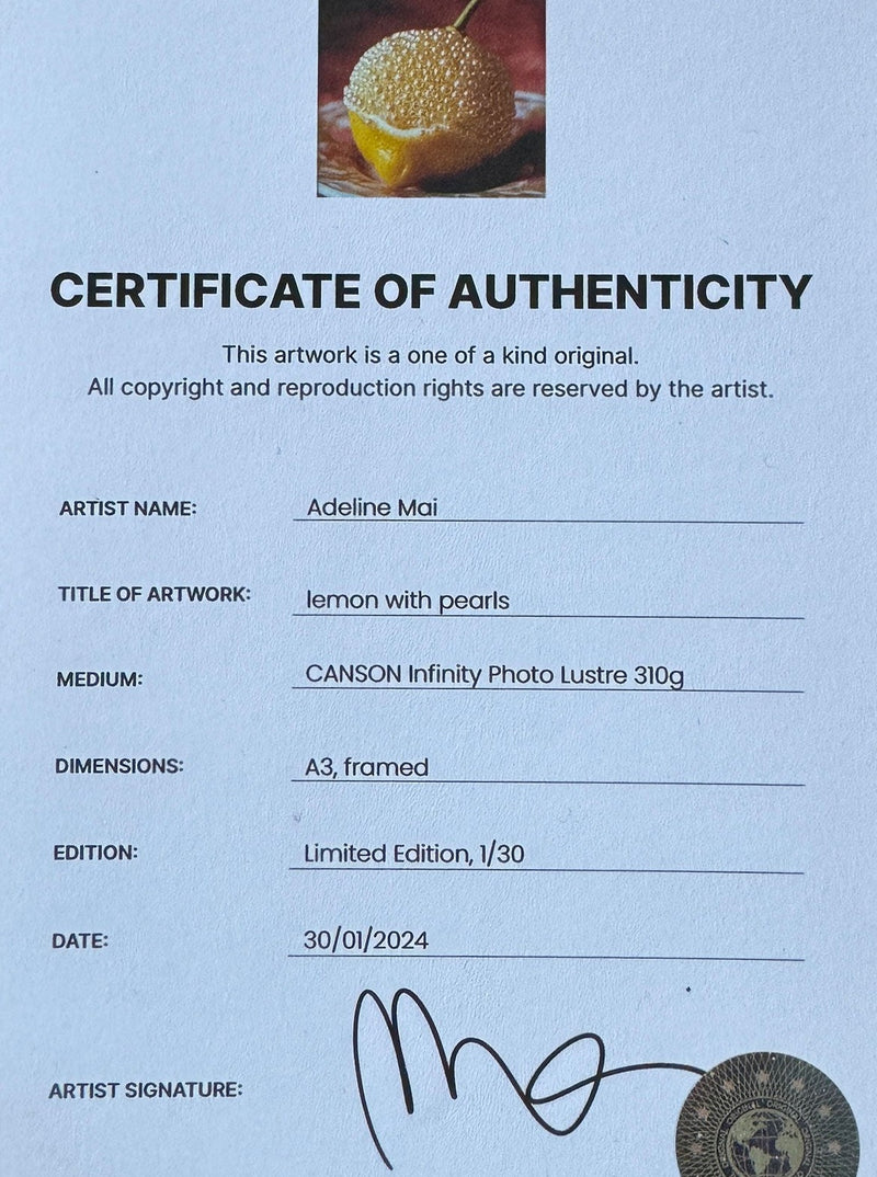 A "Certificate of Authenticity" for an artwork by Adeline Mai titled "Cherry and Pearls," a Fine Art Print on CANSON Infinity Photo Lustre 310g. The dimensions are A3, framed, and it is a limited edition (1/30) dated 30/01/2024. The certificate includes the artist's signature.