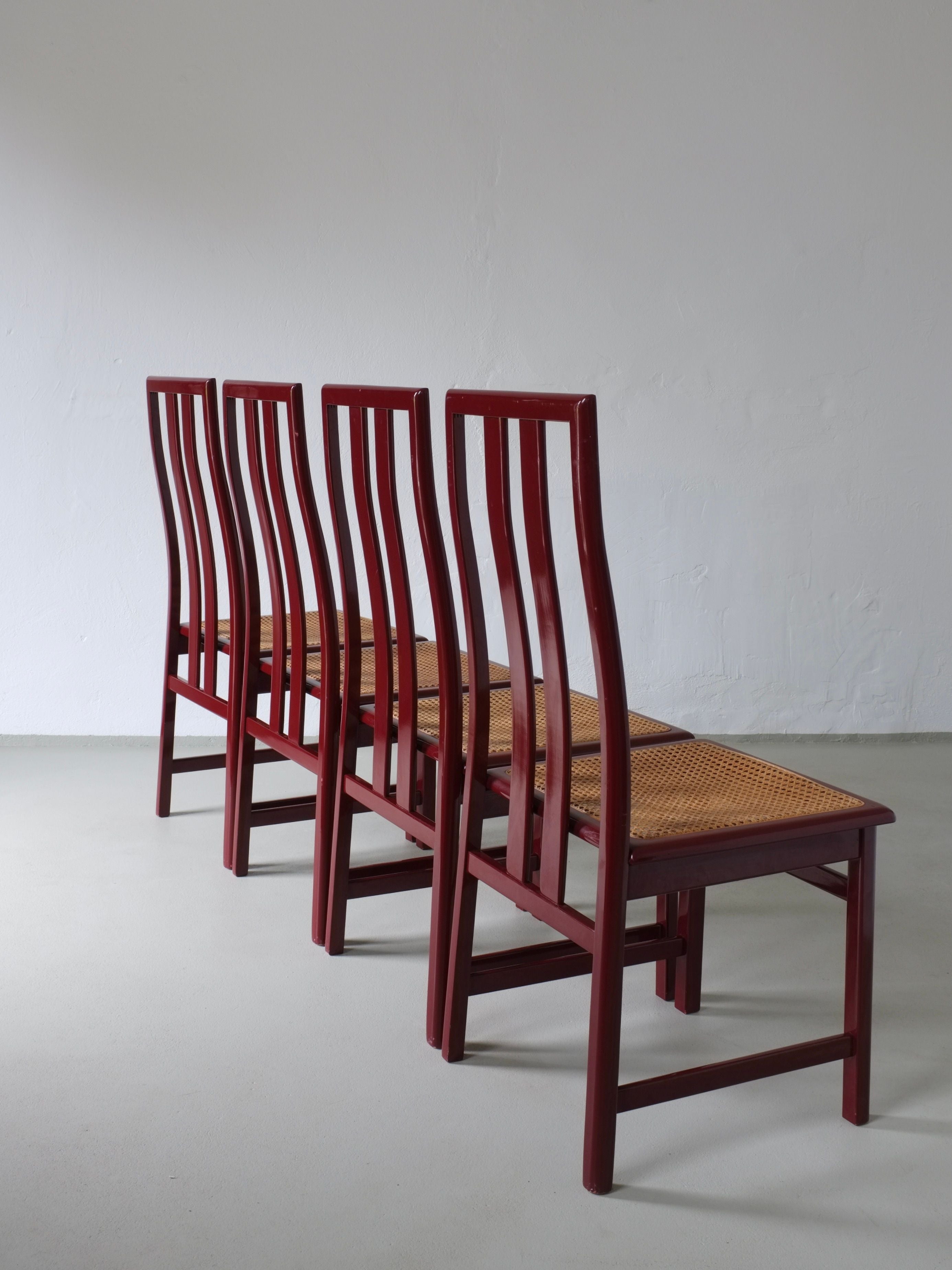 4 Glossy Wine Red Cane Seat Chairs | Italy | 1970s