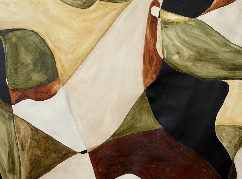 Abstract botanical painting with overlapping green leaves and earth tones