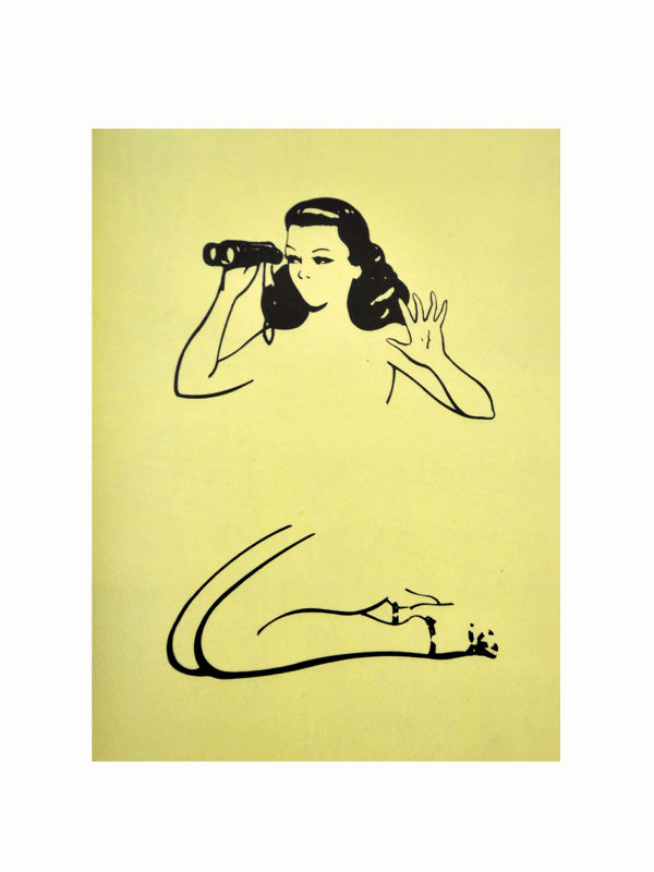 A stylized, minimalist illustration of a woman looking through binoculars with her right hand raised. Below, simple black line drawings depict her legs in high-heeled shoes, reminiscent of 1980s fashion. The artwork evokes the vibrant spirit seen in an iconic brand like Maison Plage's Fiorucci against a light yellow background.