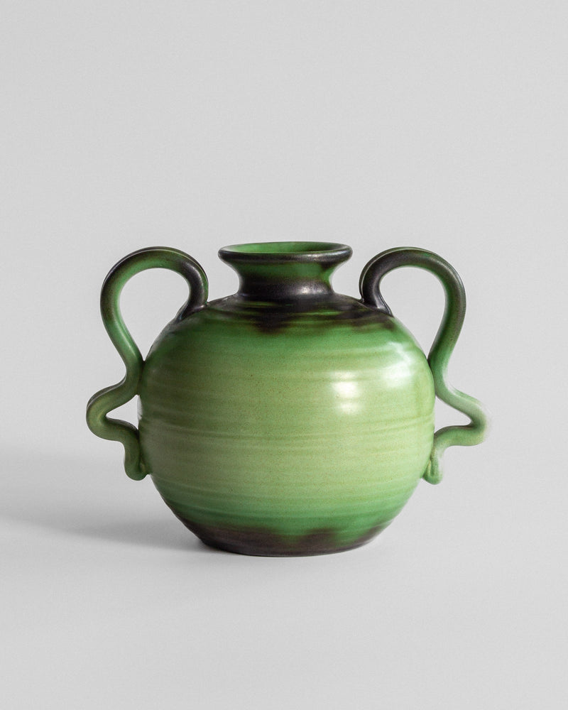 Green ceramic Grafit vase by Eva Jancke-Bjork with dual handles