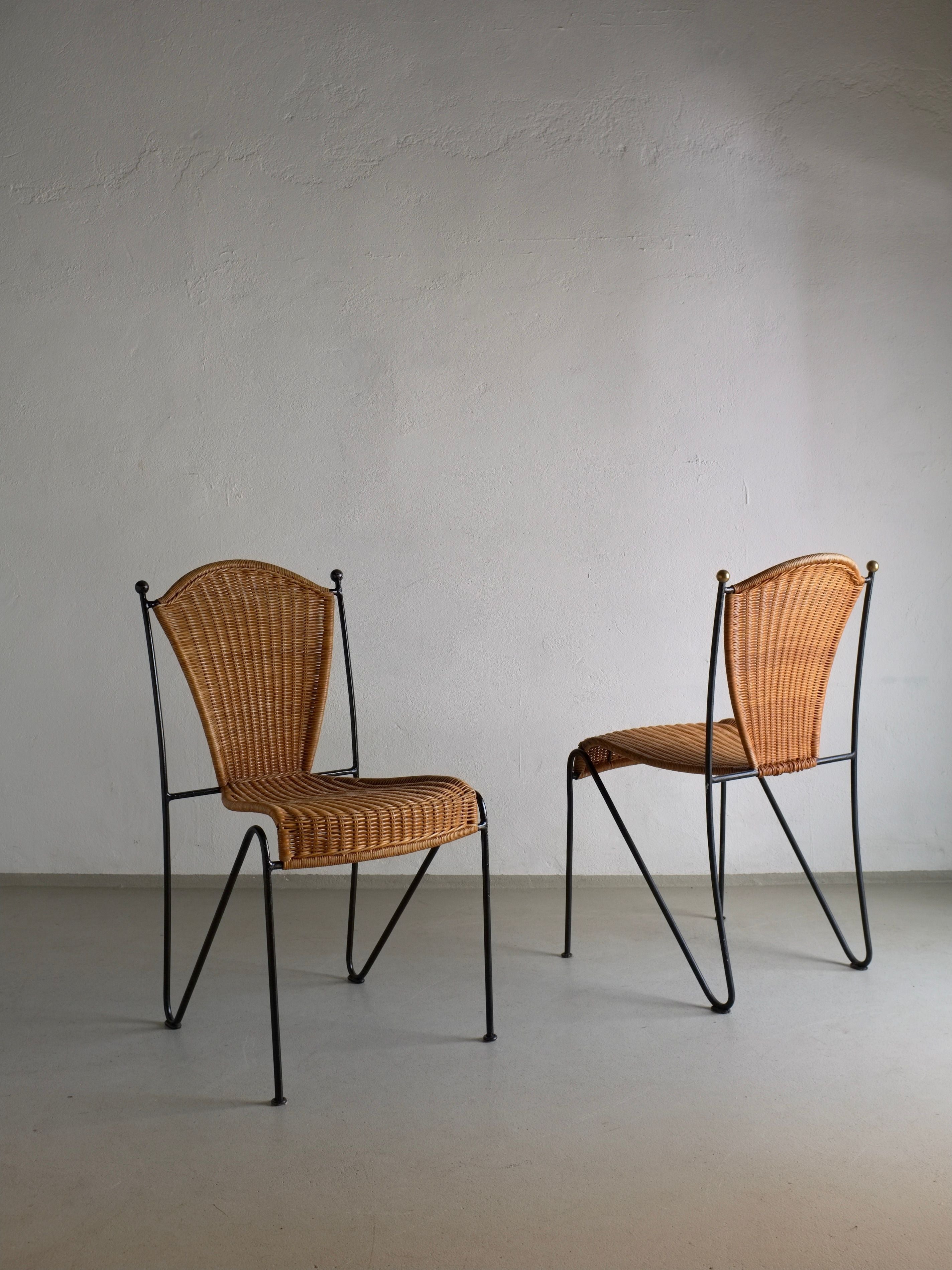 6 Frederick Weinberg Wicker Iron Chairs, 1960s