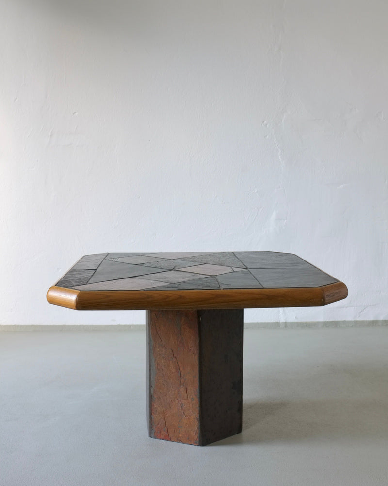 Square brutalist coffee table with stone inlay top and oak base 1970s