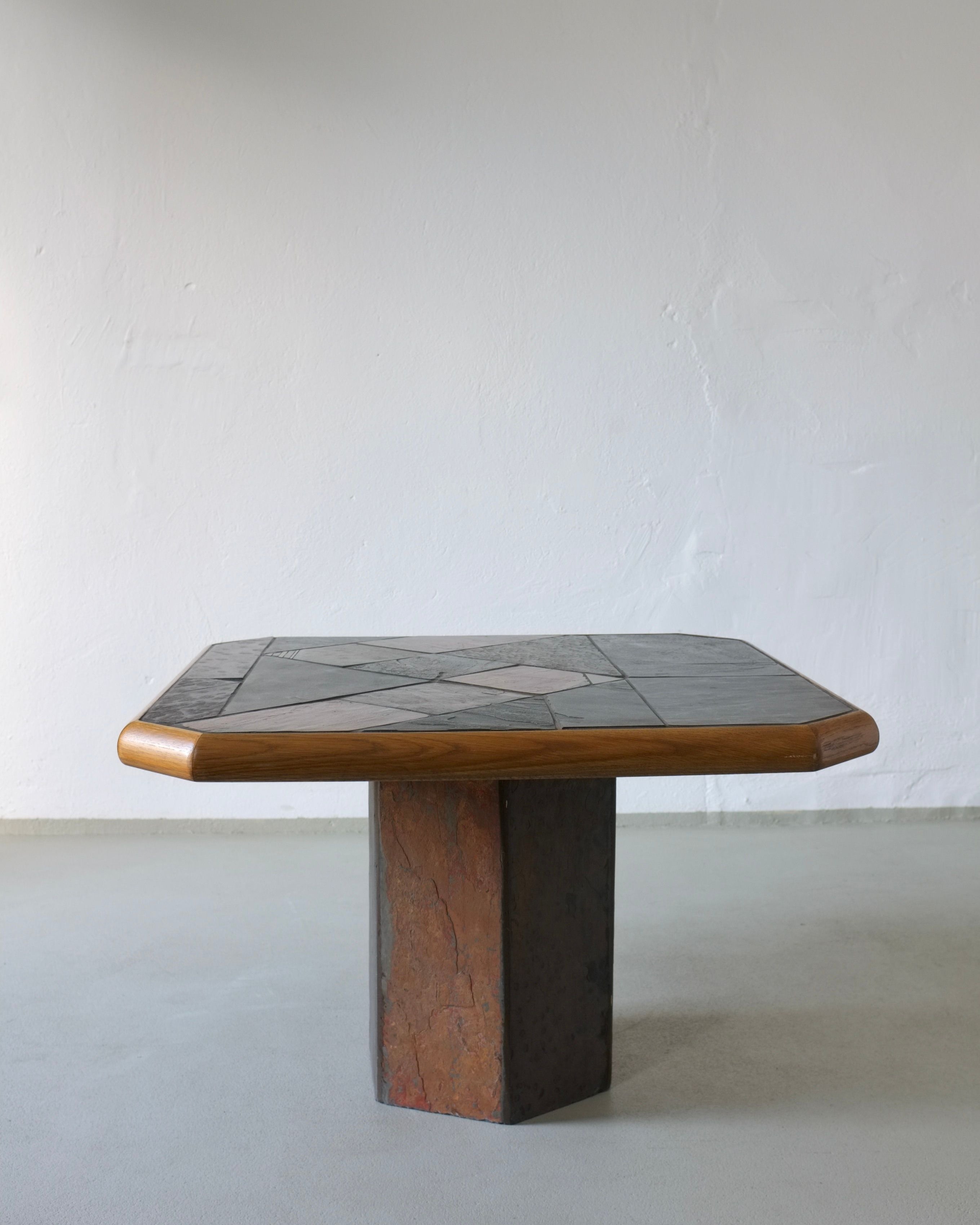 Brutalist Stone Oak Square Coffee Table | 1970s