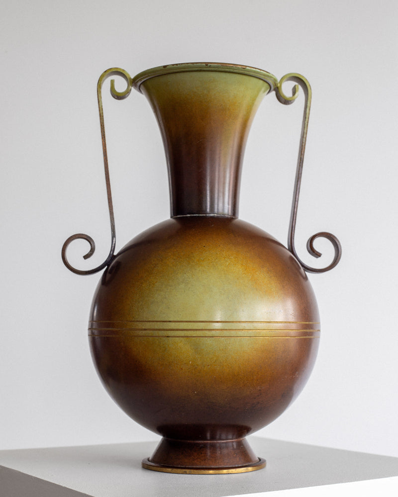 Art Deco bronze vase with curved handles and gradient finish
