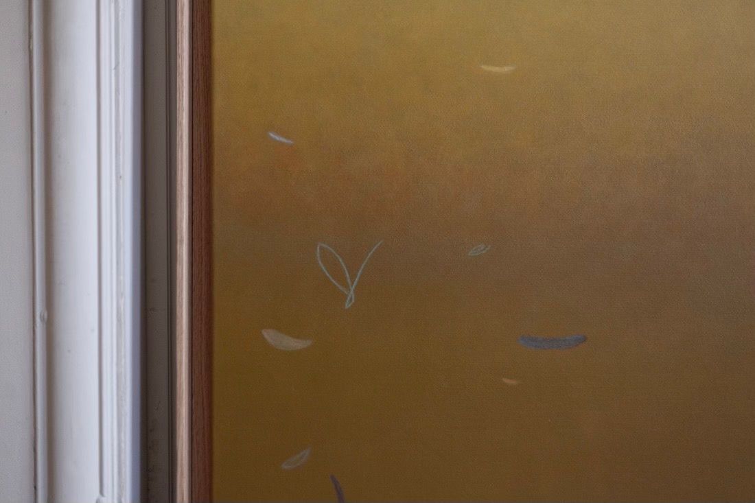 The 'Morning Hue' Painting by Rebecca von Matérn features a seamless gradient from light brown to mustard yellow. Subtle, abstract lines and shapes grace the surface, with a white vertical line on the left acting as a shadow frame.