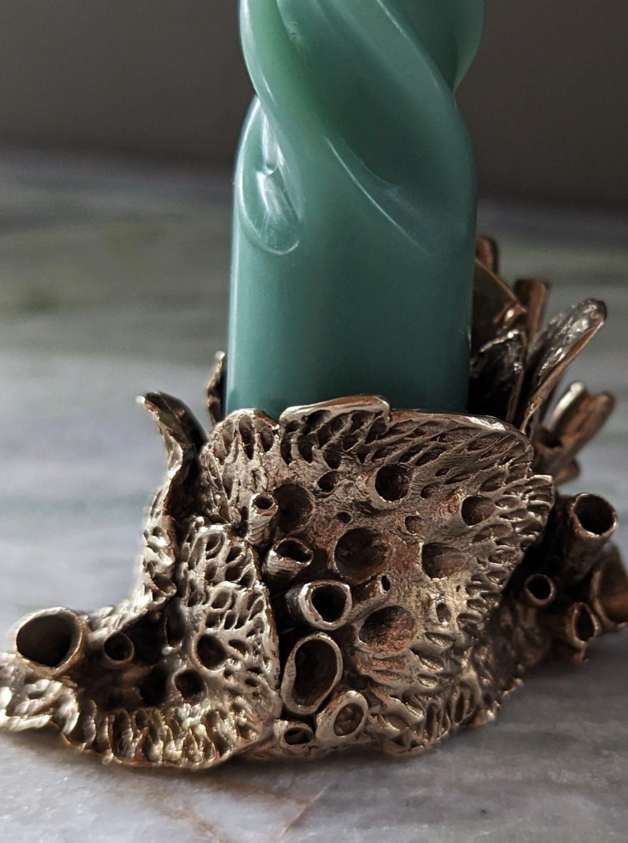 Bronze lichen candle holders with rustic and natural texture