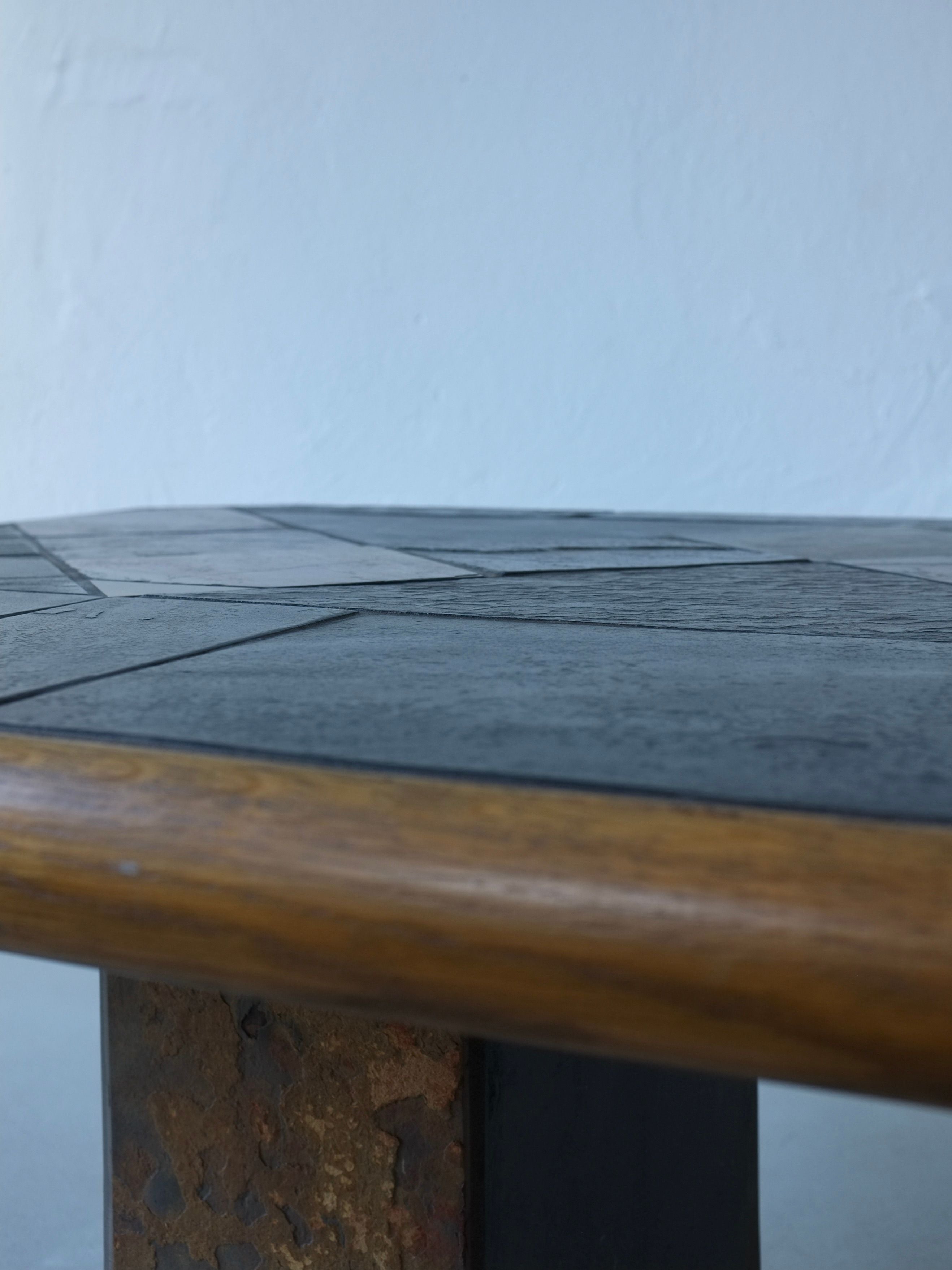 Brutalist Stone Oak Square Coffee Table | 1970s