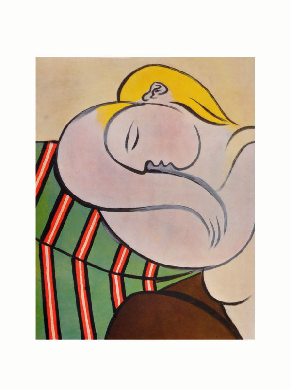 The Gallery of Art Series: Picasso (1954) by Maison Plage showcases an abstractly stylized figure with blonde hair, peacefully resting against a striped, geometric-patterned background in green, red, and white. The face and body are rendered with smooth, flowing lines and soft pastel shades, evoking the essence of cubism.