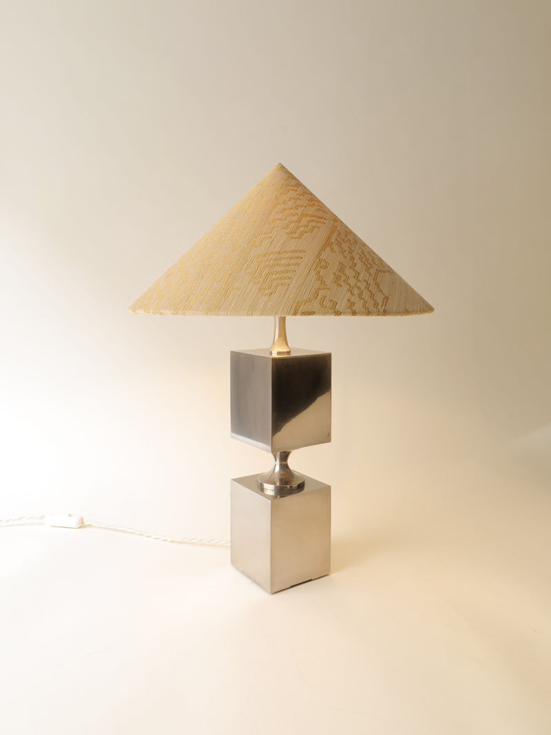 Chrome and wood cube base table lamp with triangular shade detail