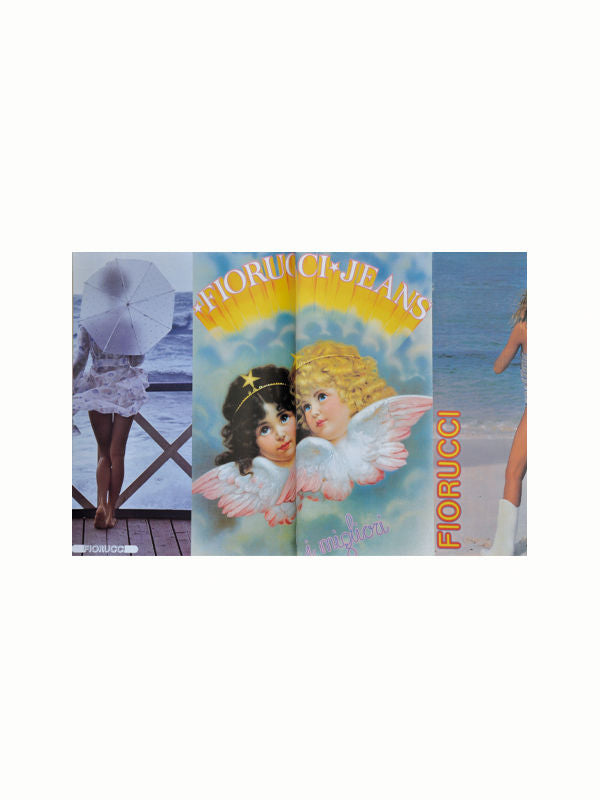 A triptych image featuring a woman holding a white umbrella on a wooden pier on the left, two cherubic angels with golden and dark hair in the center with "MAISON PLAGE FIORUCCI" above them—an iconic brand of 1980s fashion—and a woman in jeans and boots walking along the beach on the right.