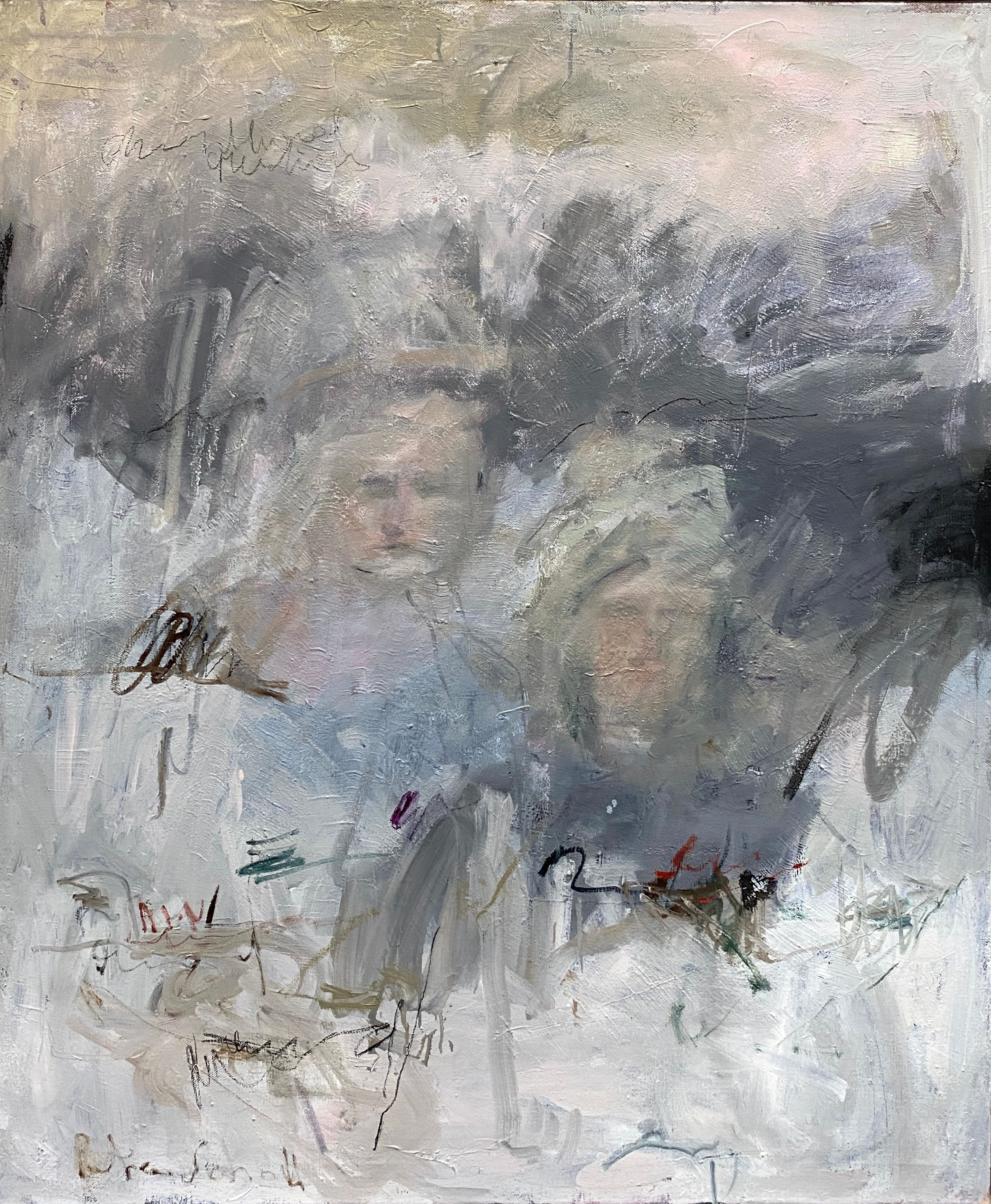 Memory's Veil" by Petra Schott is an abstract oil painting of two indistinct figures in swirling gray and blue brush strokes. The textured surface, with various scribbles and muted colors, evokes a mysterious, ethereal atmosphere reminiscent of memory.