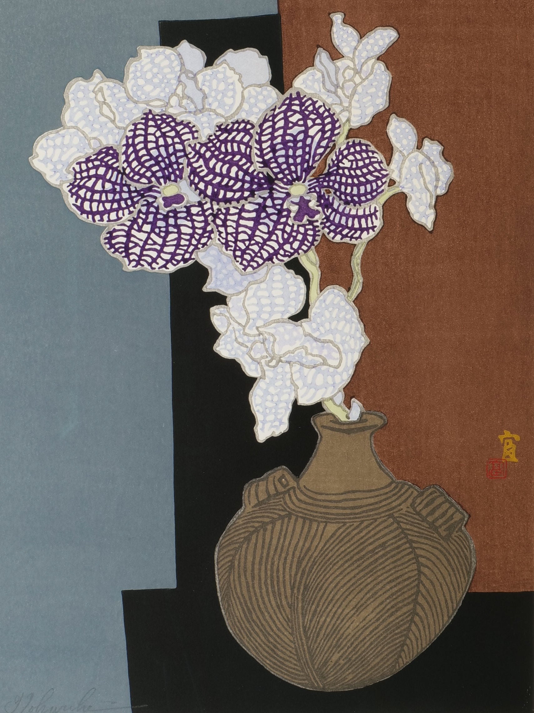 A decorative vase showcasing white and purple orchids resembles the Woodcut Print Tokuriki Tomikichiro Japan 1980s by Collection apart. The background, with blocks of brown, black, and gray-blue, mirrors a Japanese printmaker's style while highlighting vivid colors and intricate designs.