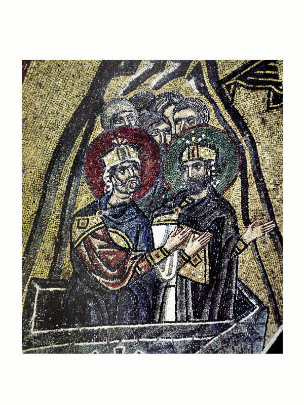 A mosaic depicting a group of historical or biblical figures with halos and crowns, dressed in vibrant robes. The background is gold with intricate designs, reminiscent of Greek culture. The figures appear to be engaged in a discussion or ceremony, two of them gesturing with their hands, much like the detailed illustrations found in *The Greek World: Classical, Byzantine, and Modern* by Maison Plage.