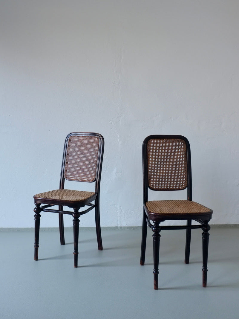 Two Thonet bentwood cane chairs with woven seats and backs
