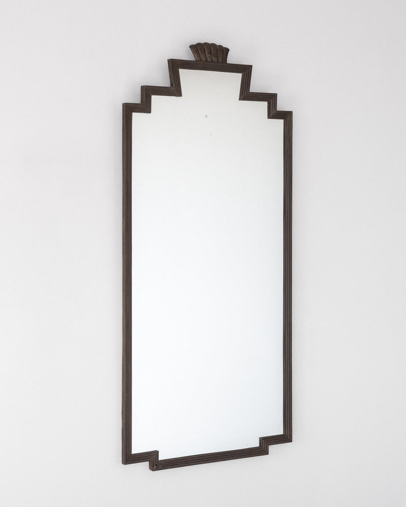 1930s Swedish Art Deco bronze mirror with stepped shell crown